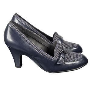 Aerosoles Pumps Women 7.5 Aperture Heels Navy Leather Houndstooth Office Dress